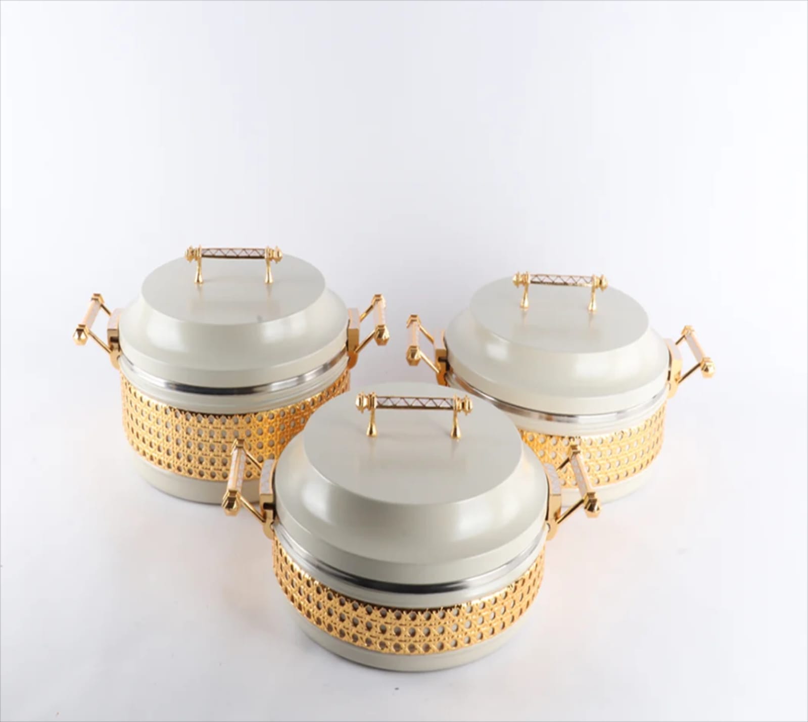 3-Piece Modern Rattan & Gold Insulated Hot Pots