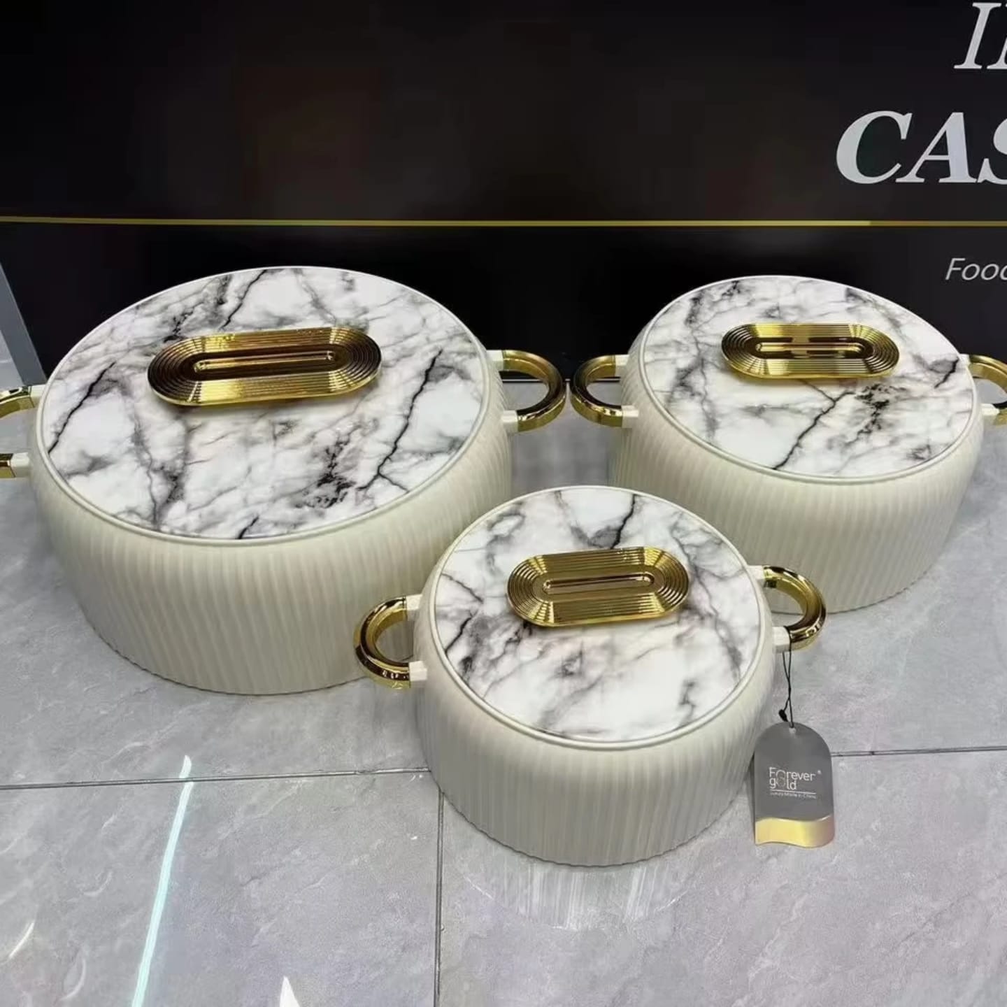 3-Piece Luxurious Marble and Gold Food Warmers 